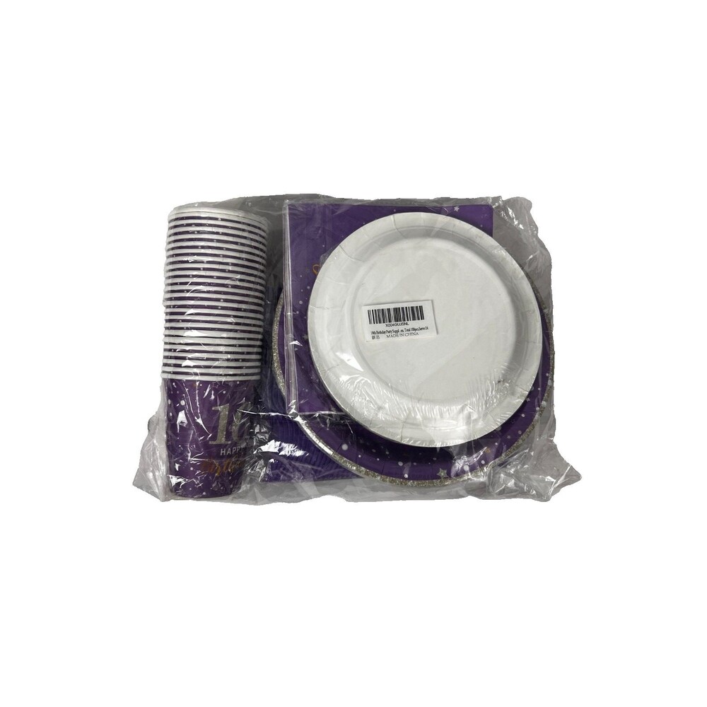 Purple Gold 16th Birthday Party Supplies Set Plates Cups Cutlery 24 Guest New